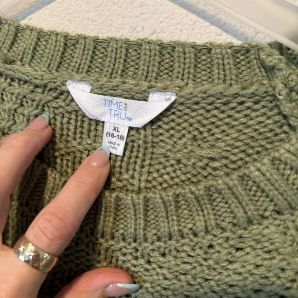 Time and Tru Womens Olive Green Mixed Cable Knit Patchwork Sweater XL‎ 16-18